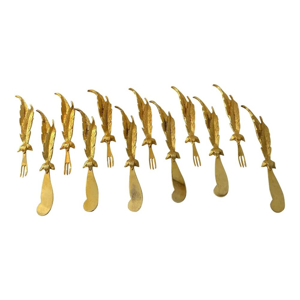 Mid-Century 24k Plated Appetizer Forks & Spreaders - S/12